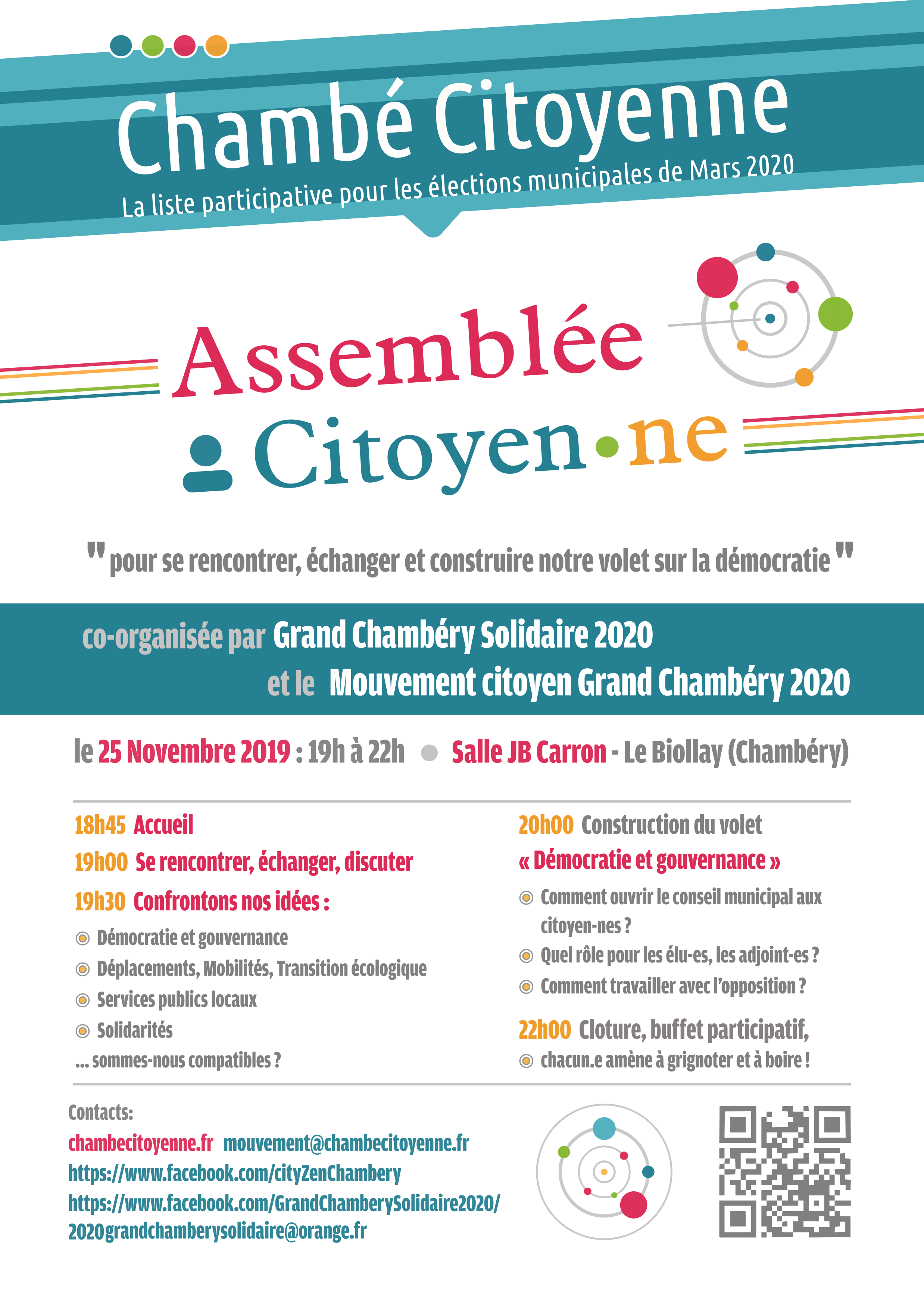 Programme de l'assemblée co-organisée par Grand Chambéry Solidaire et le Mouvement Citoyen Grand Chambéry :
- regards croisés
- construction du volet "Démocratie et gouvernance"